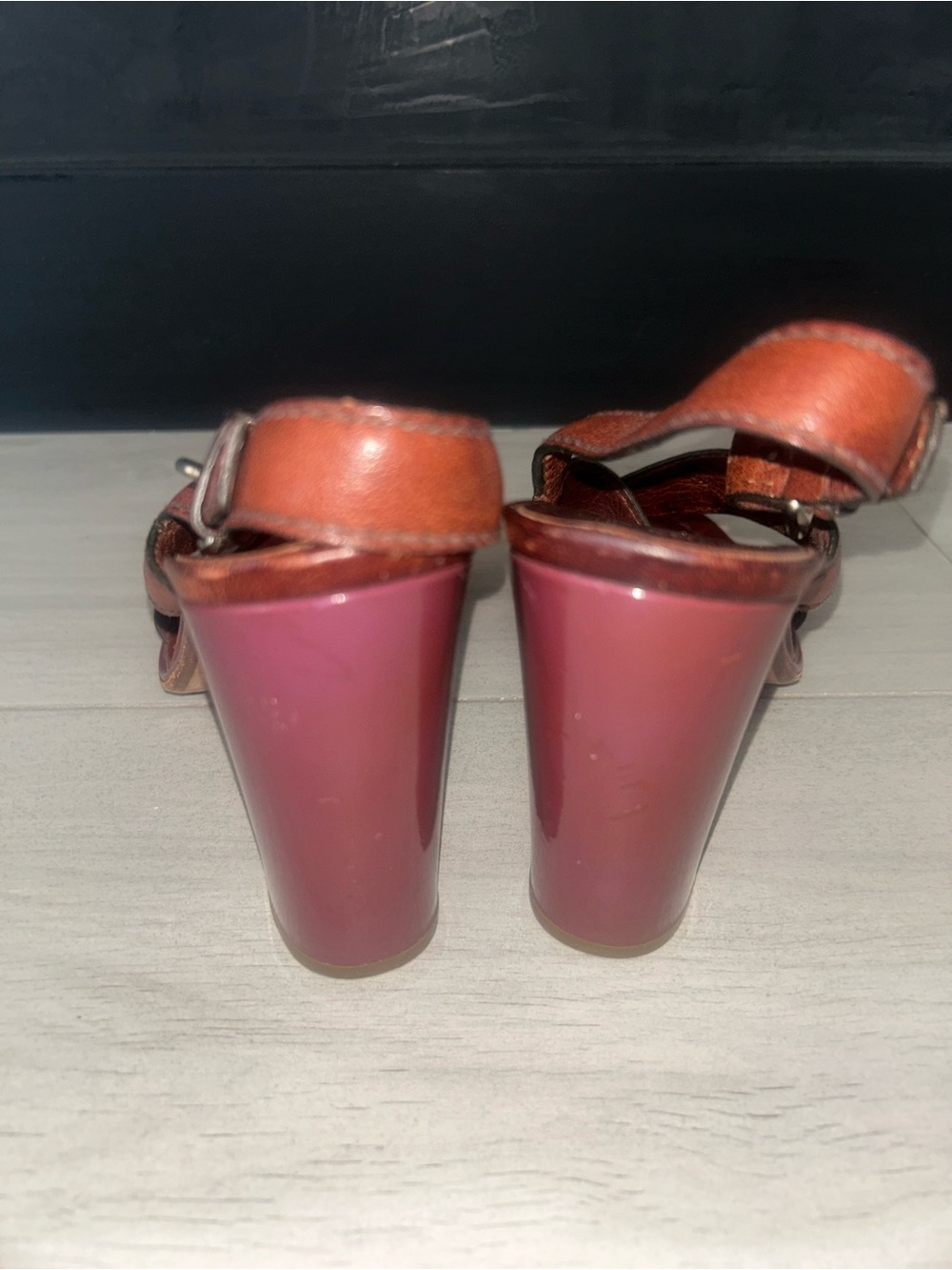 PRADA VINTAGE Leather Slingback Block Heel Sandal Brown/Purple Size 39 - Picture 5 of 11